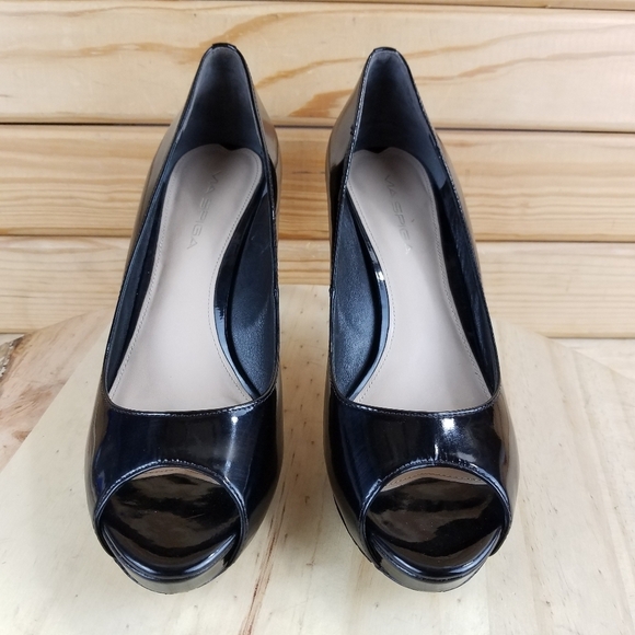 VIA SPIGA 7.5 US Slip on Black Leather Stiletto High Heels Pumps Peep Toe Shoes - Picture 3 of 12